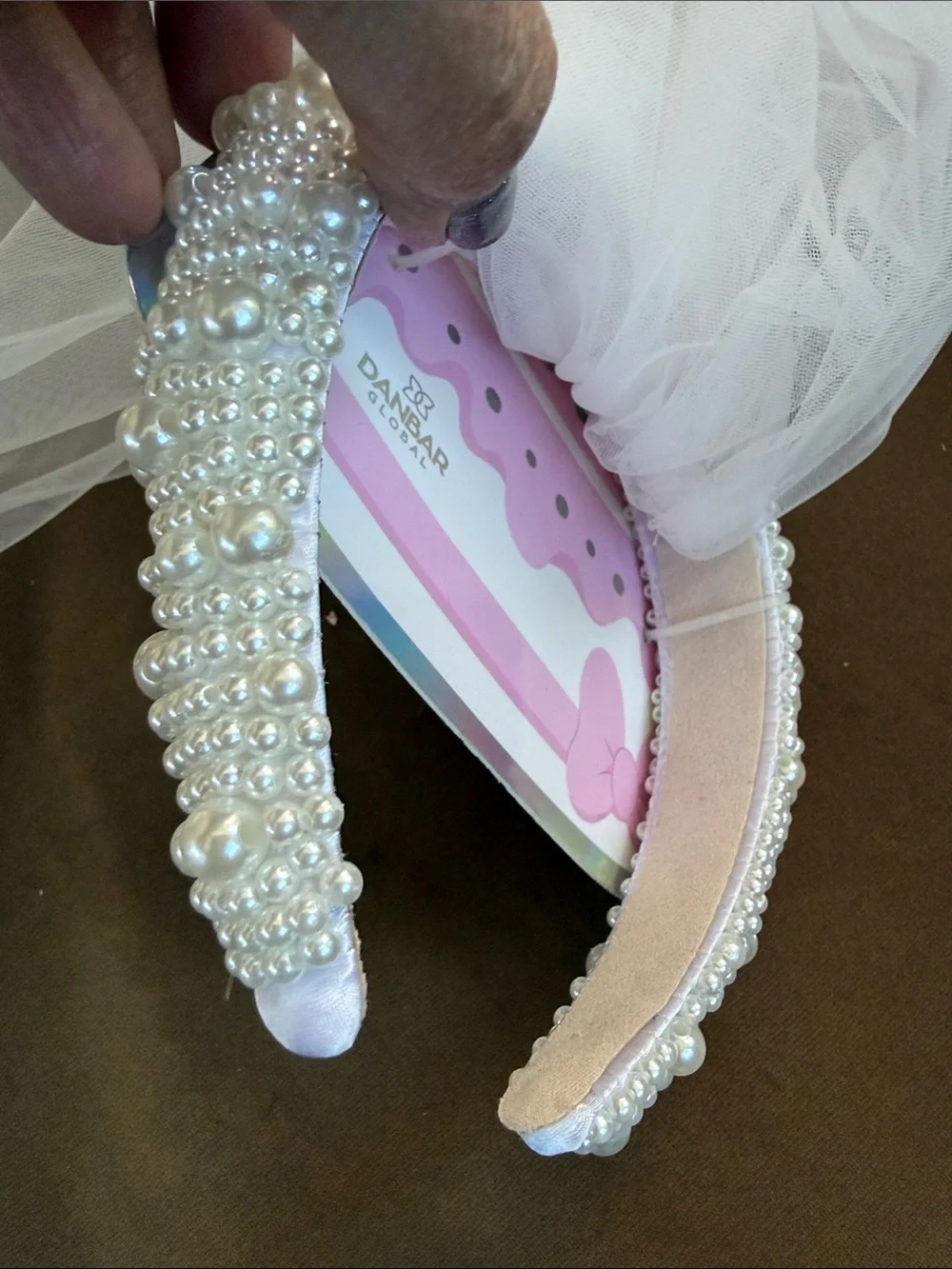 Pearl-Trim Bridal Headband with White Veil